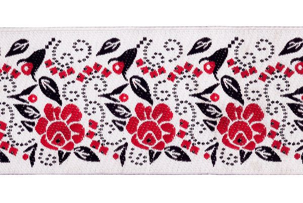 Лента (тесьма) жаккардовая 50.0 мм / 10±0.5 метров, Цветы красный/черный, Gamma DBTRJ-104