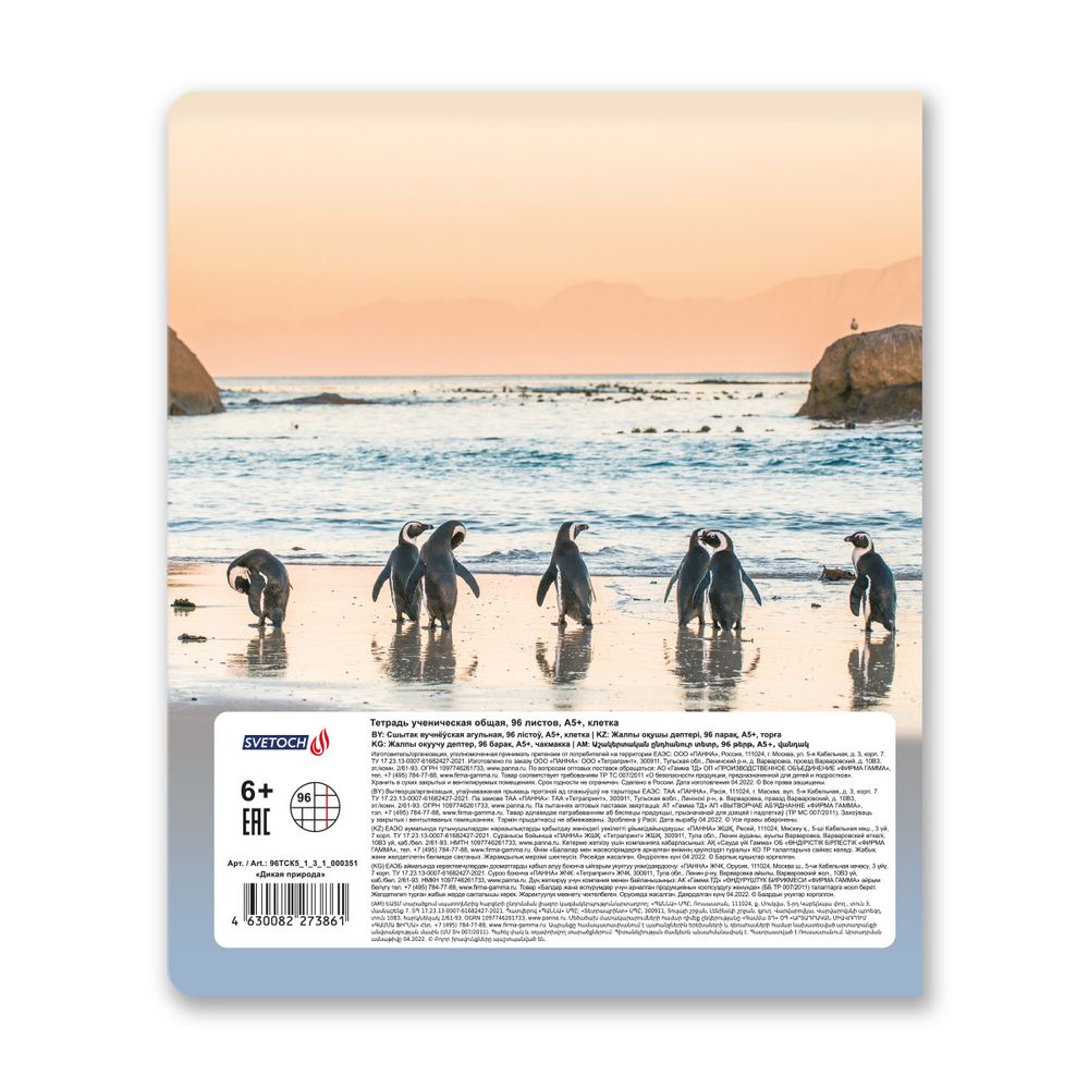 Тетрадь ученическая общая, A5+ 96 л. на скобе, белизна 100%, 5 шт, клетка, 000351 Дикая природа, Светоч 96ТСК5_1_3_1