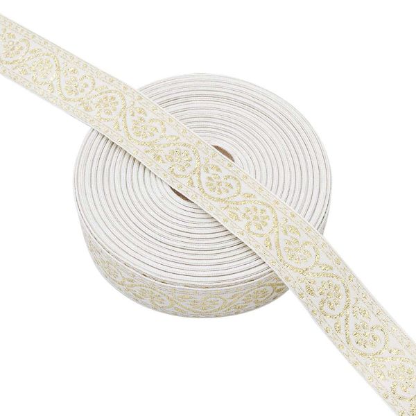 Лента (тесьма) жаккардовая 32.0 мм / 25±1 метров, с метанитом рис. 9819, белый/золото, С3104Г17