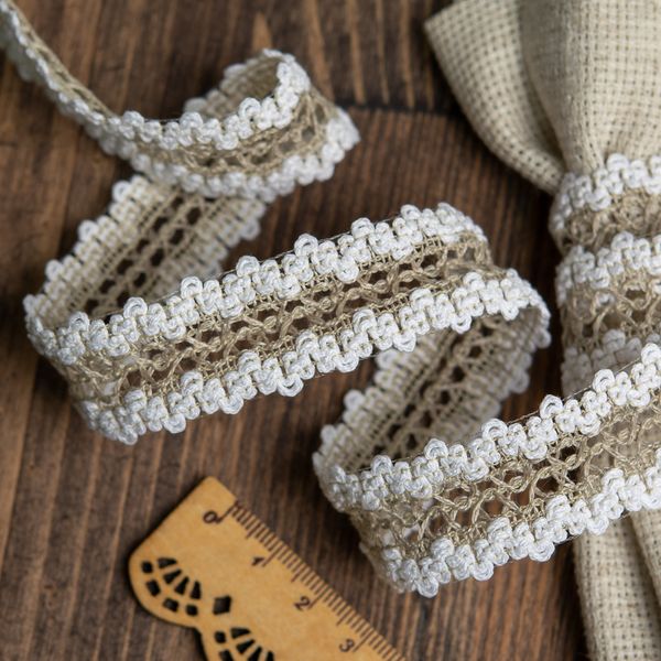 Кружево вязаное (тесьма) 23 мм / 10 метров, 6655/10Т цв.201 лен с белым, Kruzhevo