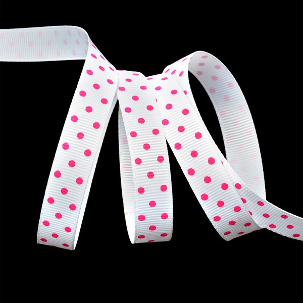 Лента репсовая (в рубчик) 12.0 мм / 27.4±2 метров, LDRG02918712 (73) крупный горошек, белый-розовый, уп. 27,4 м