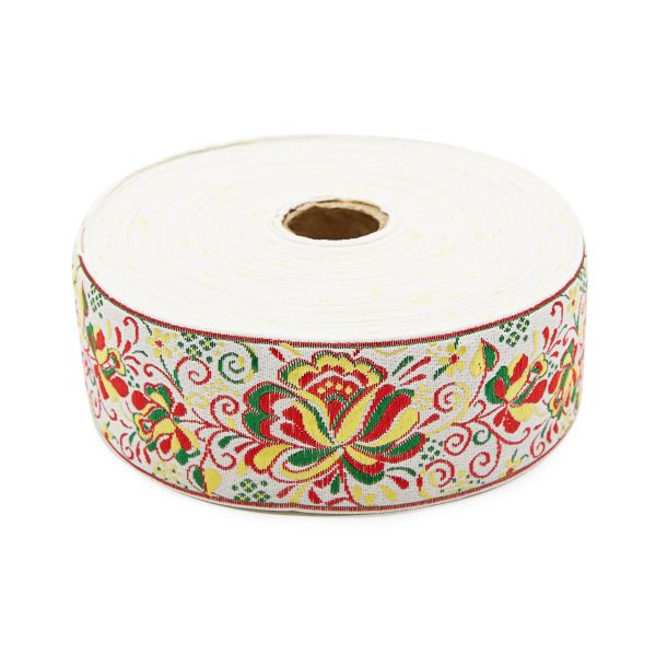 Лента (тесьма) жаккардовая 50.0 мм / 25±1 метров, рис. 9568 Гжель, (1 белый/желтый/красный/зеленый) С3379Г17