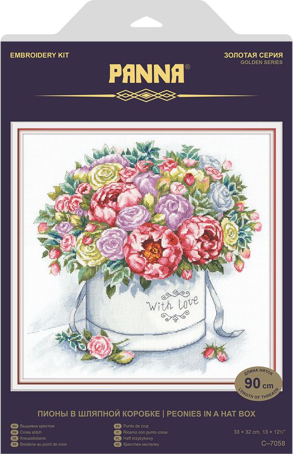 Набор для вышивания нитками Panna, Золотая серия, Пионы в шляпной коробке, 33х32 см