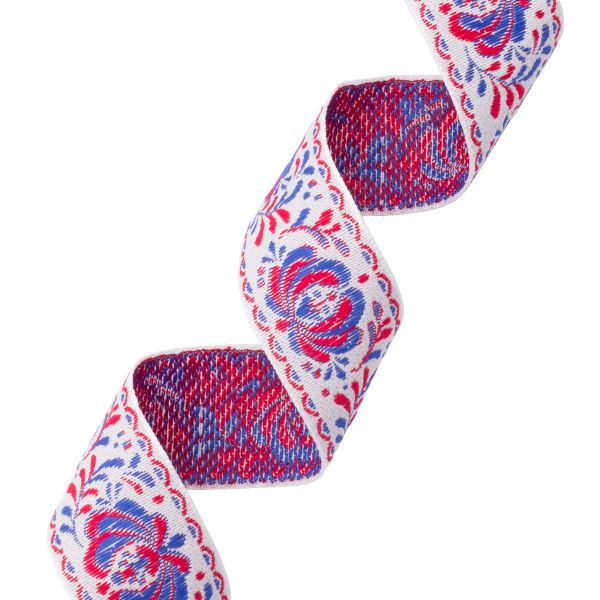 Лента (тесьма) жаккардовая 32.0 мм / 25±1 метров, рис. 9581 Гжель, (3 белый/красный/синий) С1853Г17