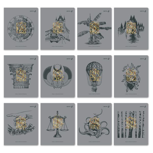 Комплект тетрадей со справочными материалами Архивариус, пластик.обл. 320мкм с тис.золот.фольгой. A5 48 л. 12 шт на скобе 65 г/м², белизна 100% 1 шт клетка/линия, 01889 12 предметов, Светоч Т300