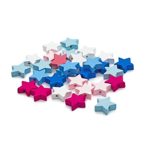 Бусины дерево ⌀20 мм, цветные звездочки, 21 г (30 шт), Astra&Craft (сине-розовый микс) 4AR2001