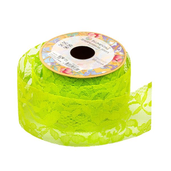 Лента декоративная 62 мм / 10±1 метров, 057 желто-зеленый/кружево, Blumentag LRW-71