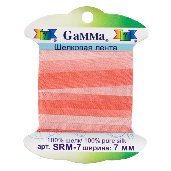 Лента (тесьма) шелковая 7.0 мм / 9.1±0.5 метров, M016 коралловый/бл.розовый, Gamma SRM-7