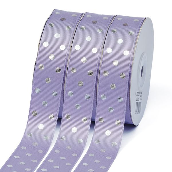 Лента репсовая (в рубчик) Горошек серебро, 25 мм, LDRS435, 435 сиреневый, уп. 27,4 м