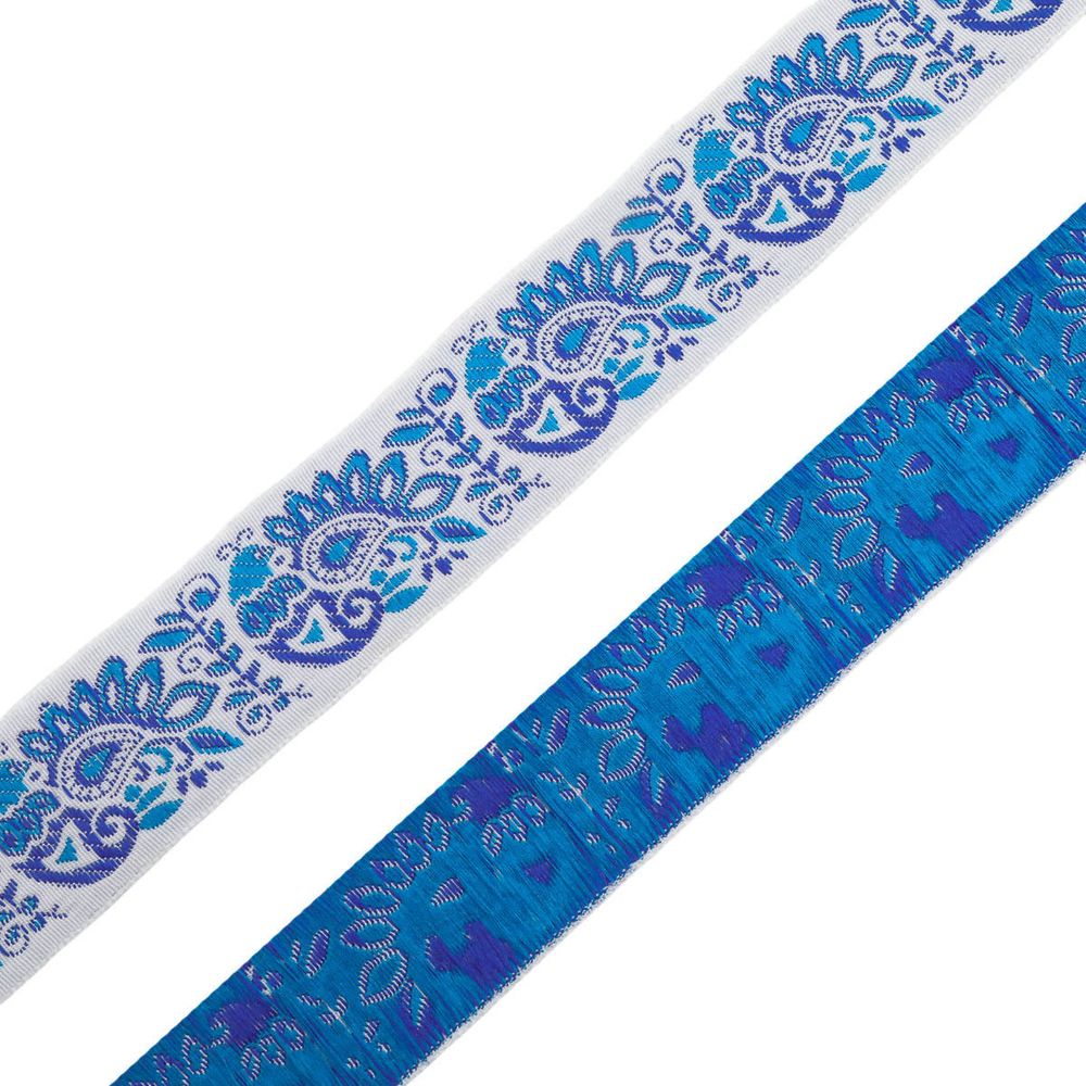 Лента (тесьма) жаккардовая 32.0 мм / 25±1 метров, Славянский орнамент Оберег, рис.9017 (4 белый/синий/голубой) С3774Г17