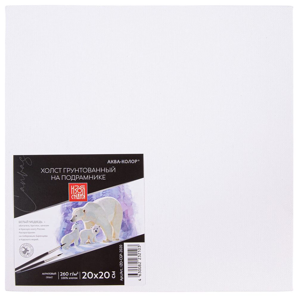 Холст грунтованный на подрамнике 20х20 см, 100% хлопок, 260 г/м², мелкозернистый, Аква-колор IZO-CGP-2020