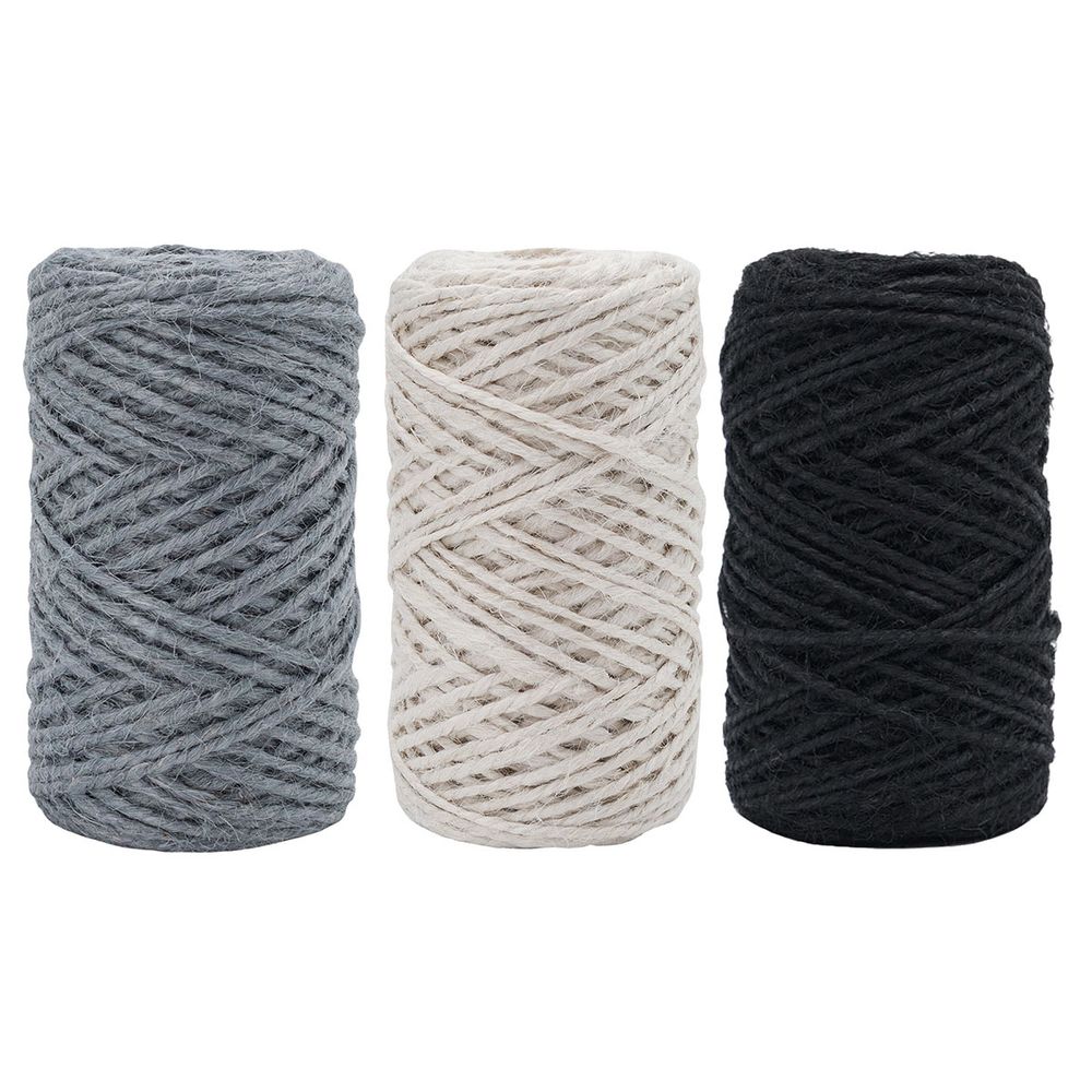 Шпагат джутовый ⌀1.4 мм / 50 метров (50 г), 2-ниточный, 1200 текс, евробобина, 3 шт, ассорти 4 (белый, серый, черный)