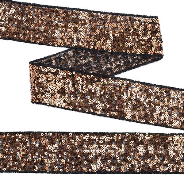 Тесьма с пайетками на сетке 50мм черный+розовое золото, уп.13.7м