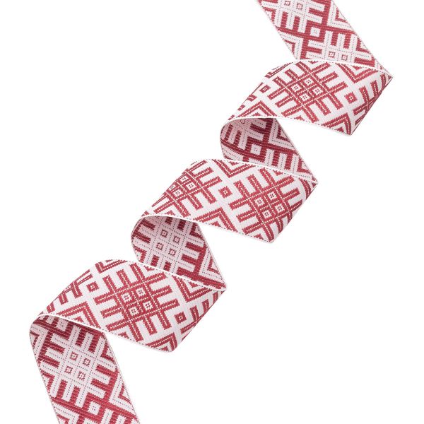 Лента (тесьма) жаккардовая 50.0 мм / 25±1 метров, Славянский орнамент Оберег рис.9465, белый/бордо, С3775Г17