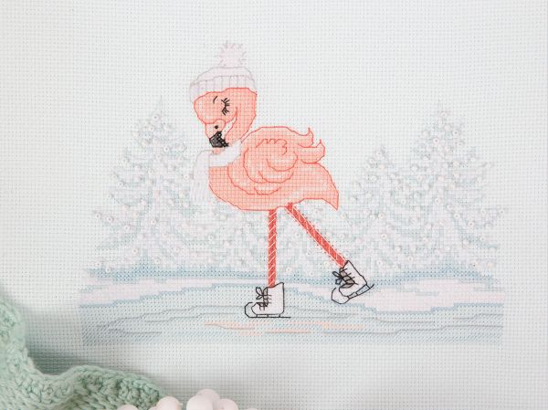 Набор для вышивания нитками Klart, Фламинго на коньках, 20,5х15,5 см