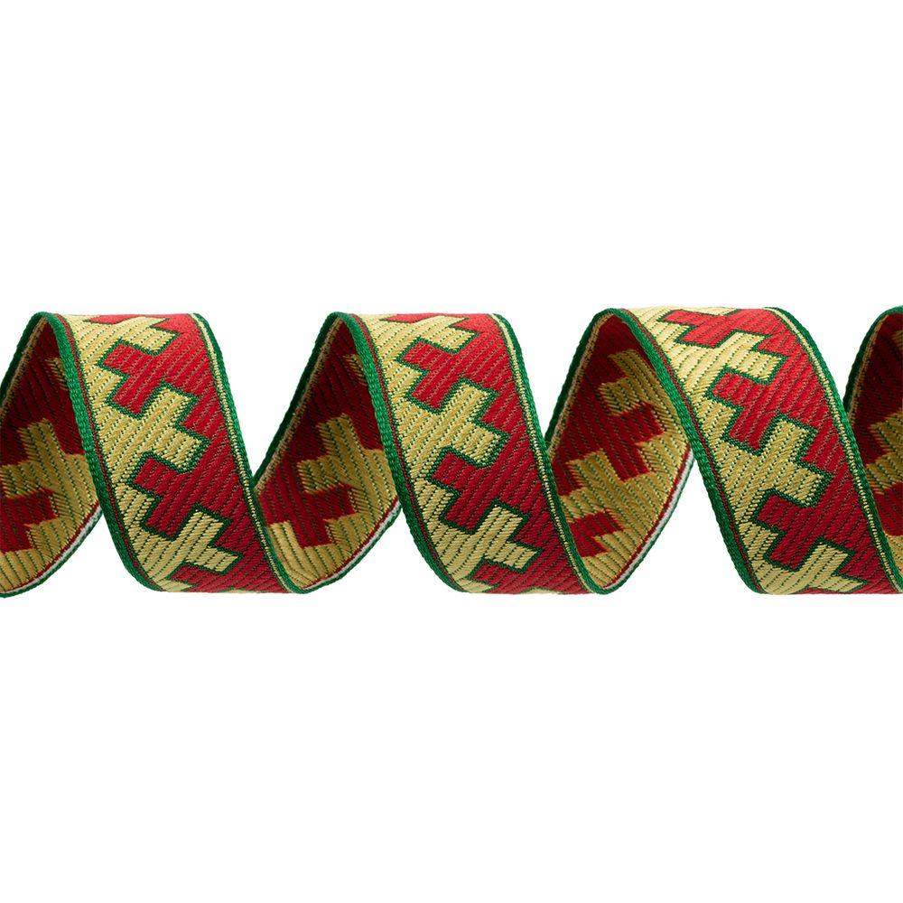 Лента (тесьма) жаккардовая 24.0 мм / 25±1 метров, рис.9591, Орнаменты и узоры народов севера, зеленый-красный-желтый, Gamma С3772Г17 рис.9591
