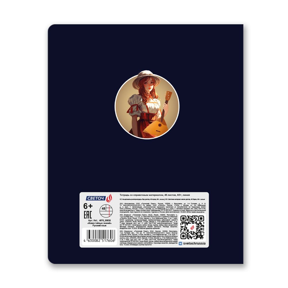 Тетрадь со справочным материалом Ковен тайных знаний, A5+ 48 л. на скобе 65 г/м², белизна 100%, 10 шт, линия, 00858 Русский язык, Светоч 48Т6