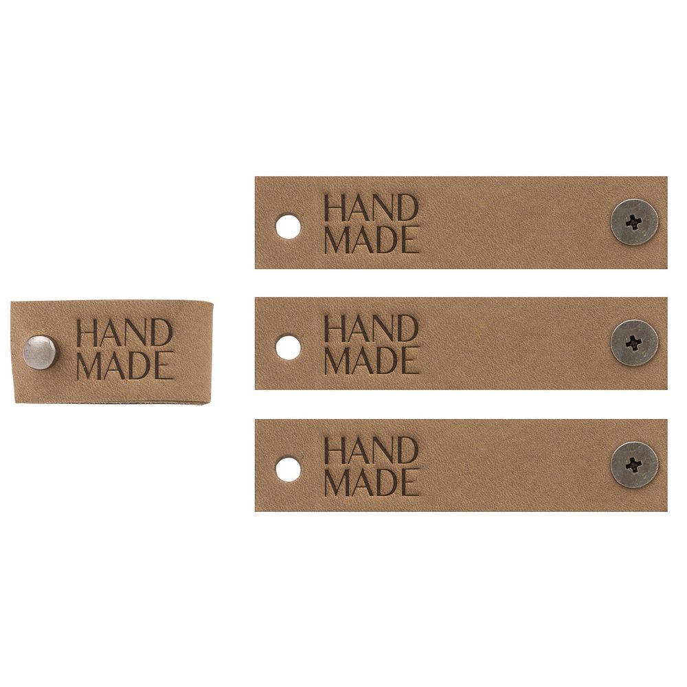 Кожаные бирки с тиснением на кнопке Hand Made 17х70 мм, 4 шт, капучино