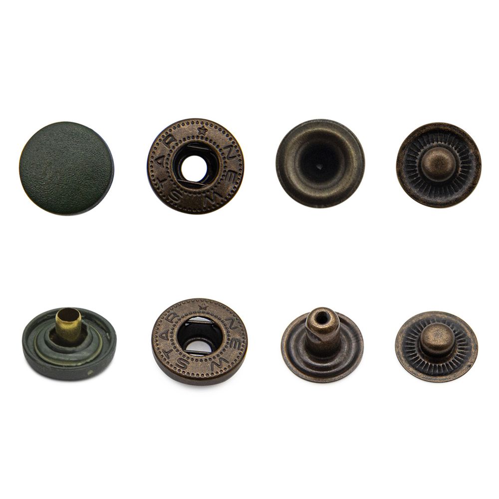 Кнопка Альфа (S-образная) ⌀15.0 мм, ≈72 шт, шляпка пластик + отв.части МЕТАЛЛ, 327 хаки + отв.части антик, NEW STAR