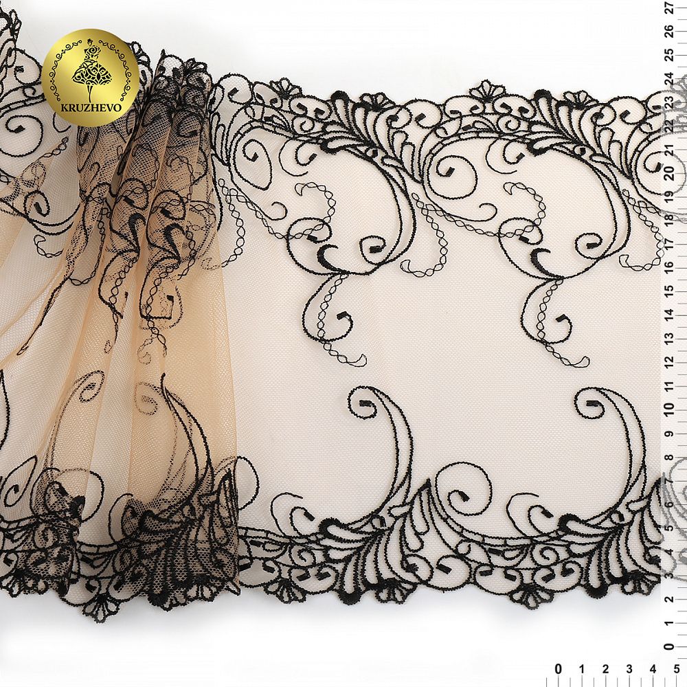 Кружево на сетке (вышитое) арт.T104 220мм цв.черный+телесный, правая уп.6,5м, Kruzhevo