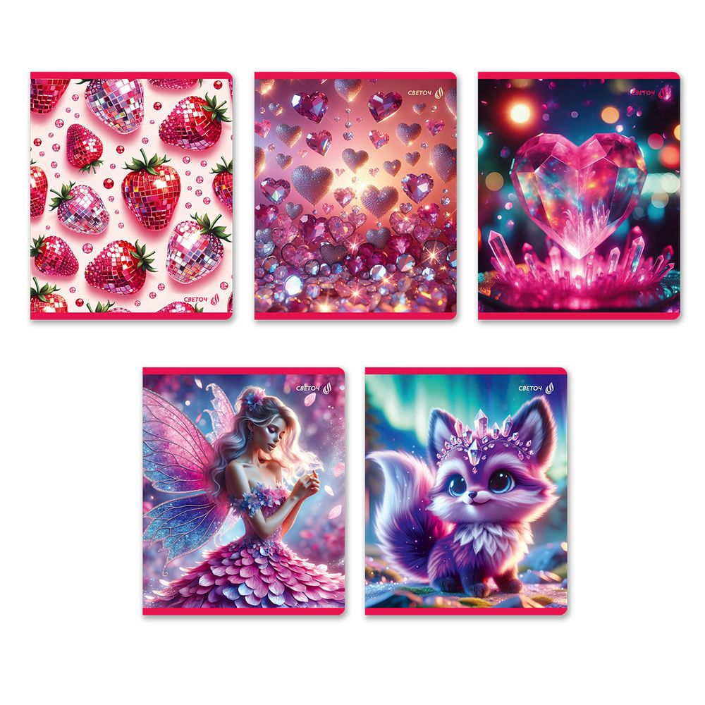 Тетрадь ученическая общая, выборочные блёстки, A5+ 48 л. на скобе 65 г/м², белизна 100 %, 10 шт, клетка, 01129 Микс-Розовый кристалл, Светоч Т83