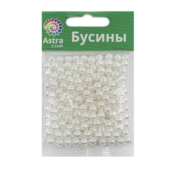 Бусины пластик (жемчуг) ⌀6 мм, 25 г, Astra&Craft, 001 NL белый