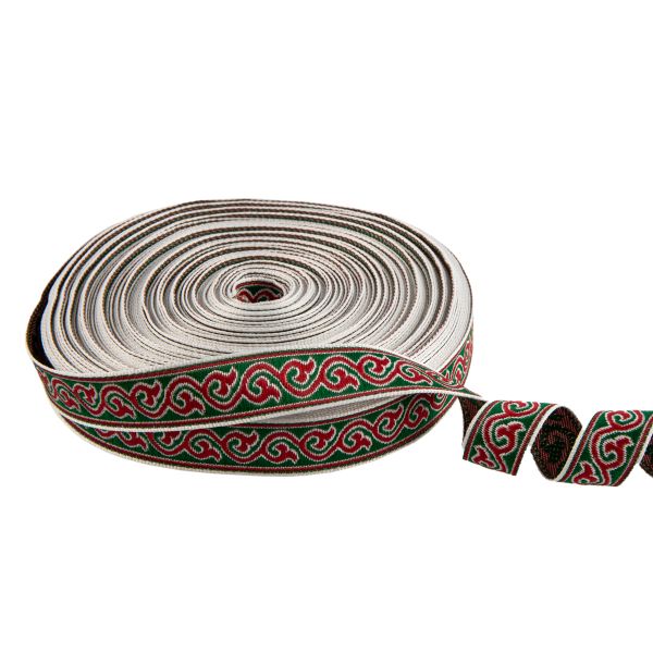 Лента (тесьма) жаккардовая 18.0 мм / 25 метров, Орнамент для северных народов, рис 9594 белый/зеленый/красный (№1), Gamma С3771