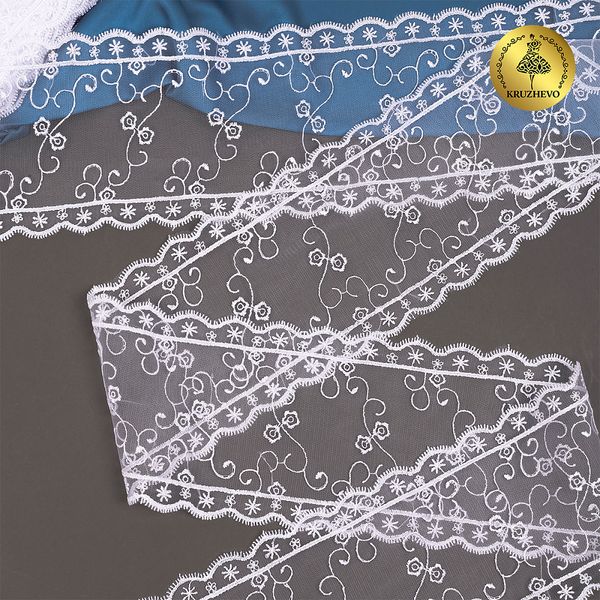 Кружево на сетке широкое 120 мм, цв.01 белый, уп.13.7м, Kruzhevo