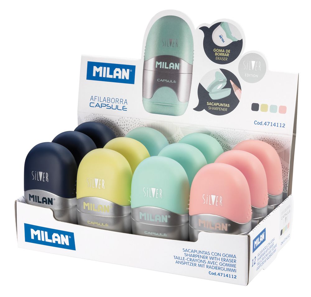 Ластик-точилка Capsule Silver 1 отверстие 12 шт, 4714112 ассорти, Milan