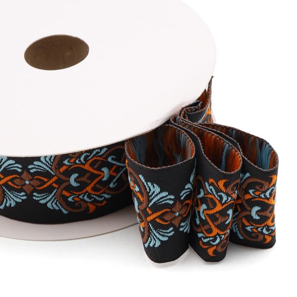 Лента (тесьма) жаккардовая 35.0 мм / 10±0.5 метров, Дамаск 35976 V3 черный/голубой