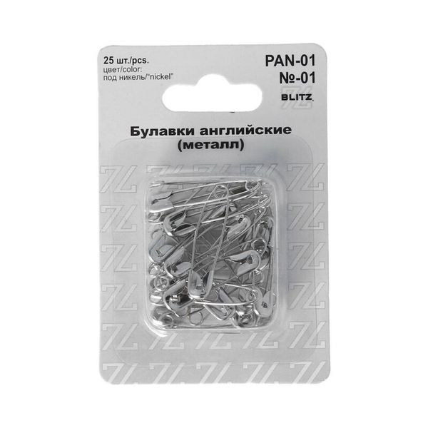 Булавки английские 32 мм, №01, 25 шт, железо, никель, Blitz PAN-01