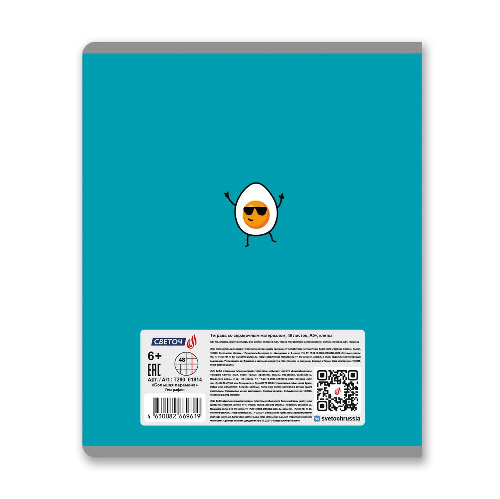 Тетрадь со справочным материалом Большая перемена, выбор.лак, A5 48 л. на скобе 65 г/м², белизна 100% 10 шт клетка, 01814 Большая перемена География, Светоч Т280