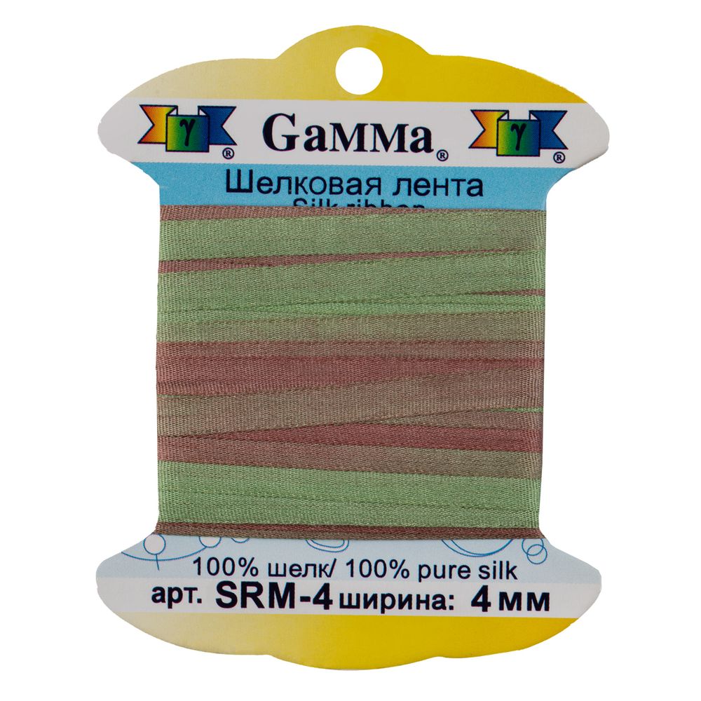 Лента (тесьма) шелковая 4.0 мм / 9.1±0.5 метров, M123 фисташковый/св.коричневый, Gamma SRM-4