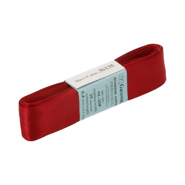 Лента атласная 1-сторонняя 25.0 мм / 5 шт по 5.4 метра, №135 бордовый, Gamma AL-25P