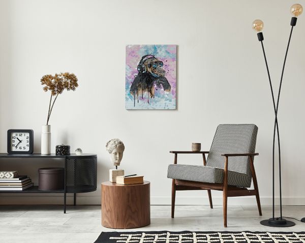 Алмазная (кристальная) мозаика Фрея, на подрамнике Шимпанзе в наушниках, 40х50 см