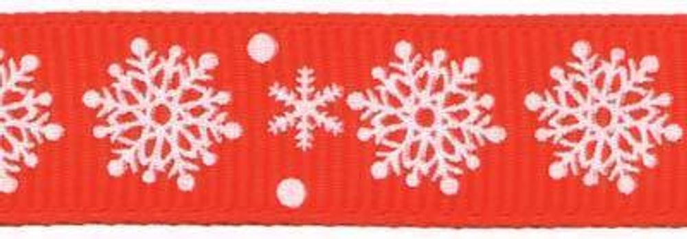 Лента репсовая (в рубчик) с рисунком 12.0 мм / 5 шт по 3 метра, /РП/, 051/C1 красный/снежинки, Gamma GRC-121