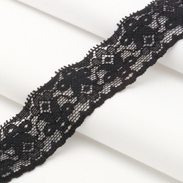 Кружево эластичное (стрейч) 25 мм / 50 метров, черный, K1072.025