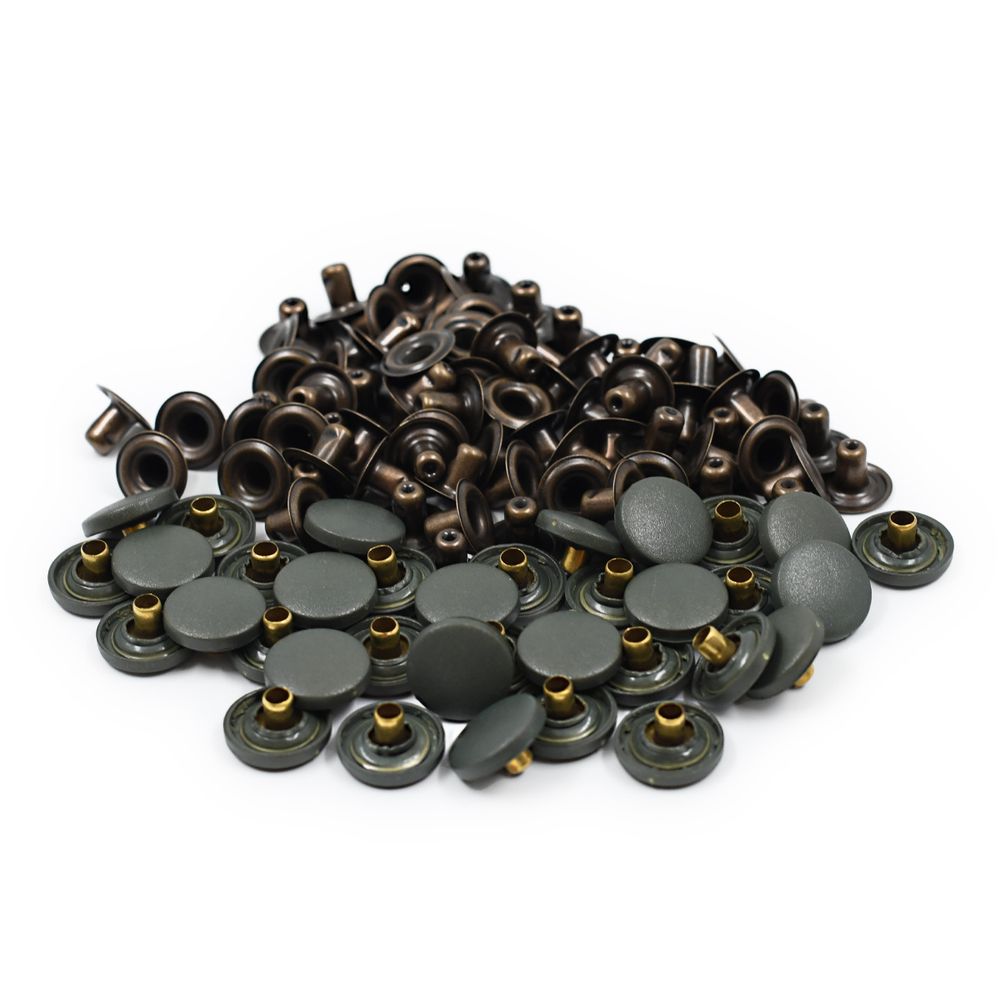 Кнопка Альфа (S-образная) ⌀15.0 мм, ≈720 шт, шляпка пластик + отв.части МЕТАЛЛ, 327 хаки + отв.части антик, NEW STAR