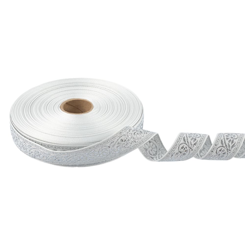Лента (тесьма) жаккардовая 23.0-25.0 мм / 25 метров, белый/под серебро, Blitz
