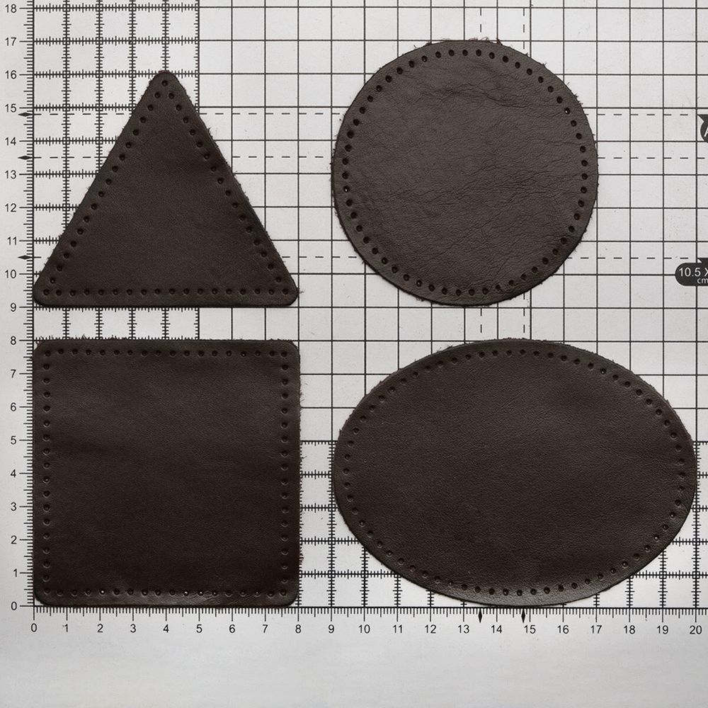 Набор заплаток пришивных из кожи, круг, квадрат, треугольник, овал 8см, с перфорацией, 4 шт (03 темно-коричневый), 9743