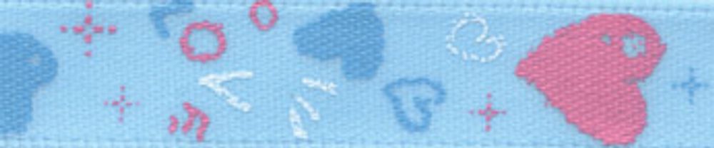 Лента атласная с рисунком 10 мм, 22.8 м, H31/129 сердечки/голубой, Gamma ALP-103