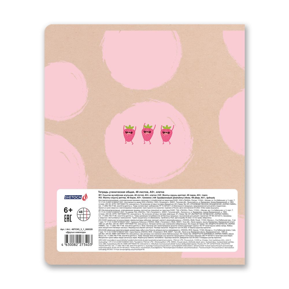 Тетрадь ученическая общая, A5+ 48 л. на скобе, белизна 100%, 10 шт, клетка, 000328 Друзья навсегда, Светоч 48ТСК5_3_1