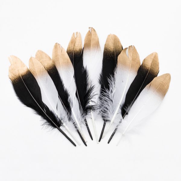 Перо гусиное обработанное с золотым кончиком, 15-20см, черно-белое ассорти, 10 шт, XQ-660322