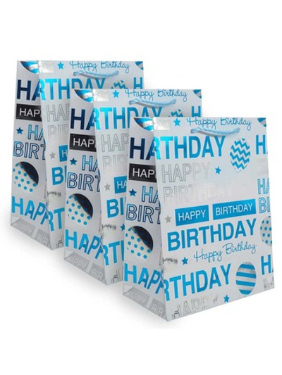 Пакет подарочный ламинированный "Happy Birthday", 23х18х10см (голубой), 3 шт