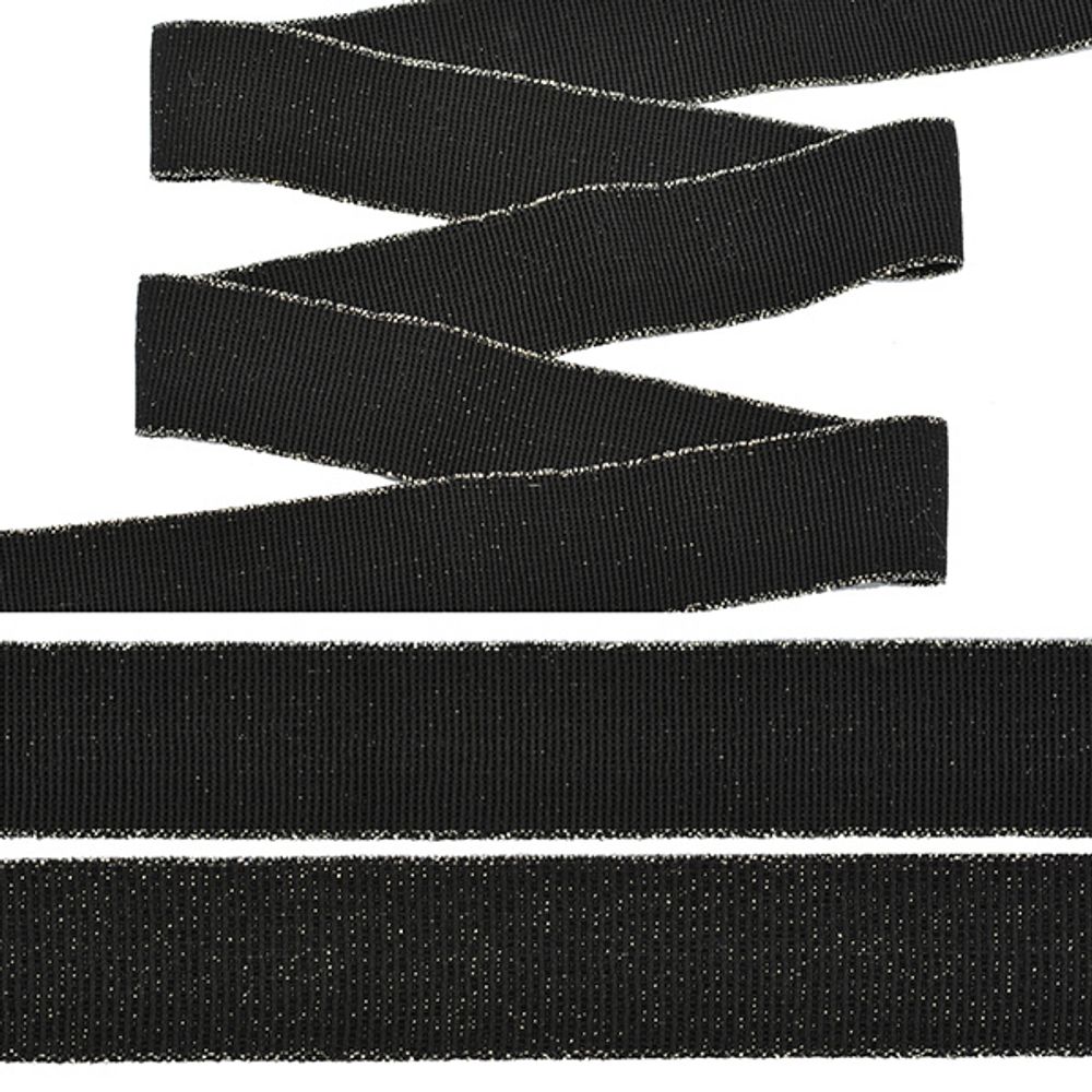 Лента репсовая (в рубчик) эластичная 20 мм, TBY.LRE.20BS, цв.черный/серебро уп.25м