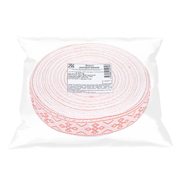Лента (тесьма) жаккардовая 18.0 мм / 25±1 метров, С3771, Славянский орнамент, рис 9536 красный, С3771