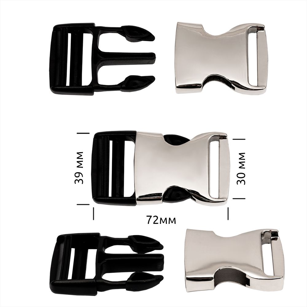 Фастекс (пряжка трезубец) металл/пластик 30 мм, 72x39 мм, никель / черный, 6 шт