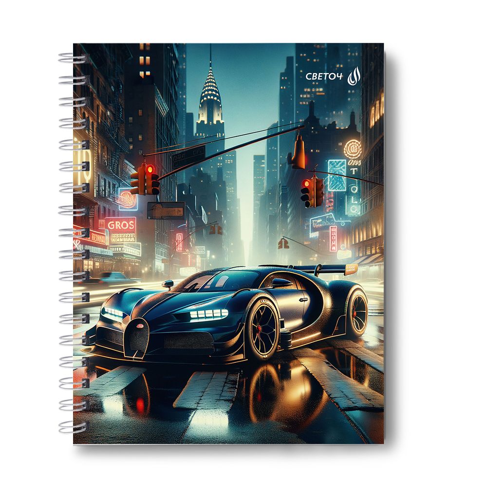 Тетрадь общая с твердой обложкой, глянцевая ламинация A5 120 л. на гребне 65 г/м², белизна 100% 4 шт клетка, 01552 Ночные гонки, Светоч Т206