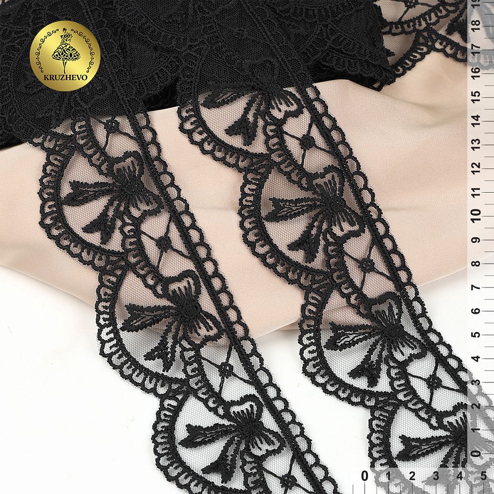 Кружево на сетке матовая нить с бантиками 60 мм, цв.черный, 10 метров, Kruzhevo