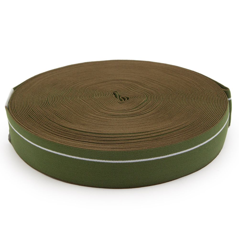 Резинка для мужских трусов и боксеров 35.0 мм / 25 метров, тканая мягкая, 24 г/м, хаки/белый полоса